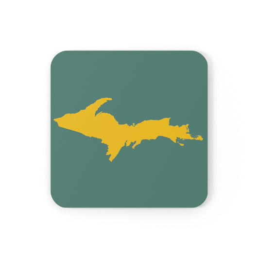 Michigan Upper Peninsula Coaster Set (Copper Green w/ Gold UP Outline) | Corkwood - 4 pack