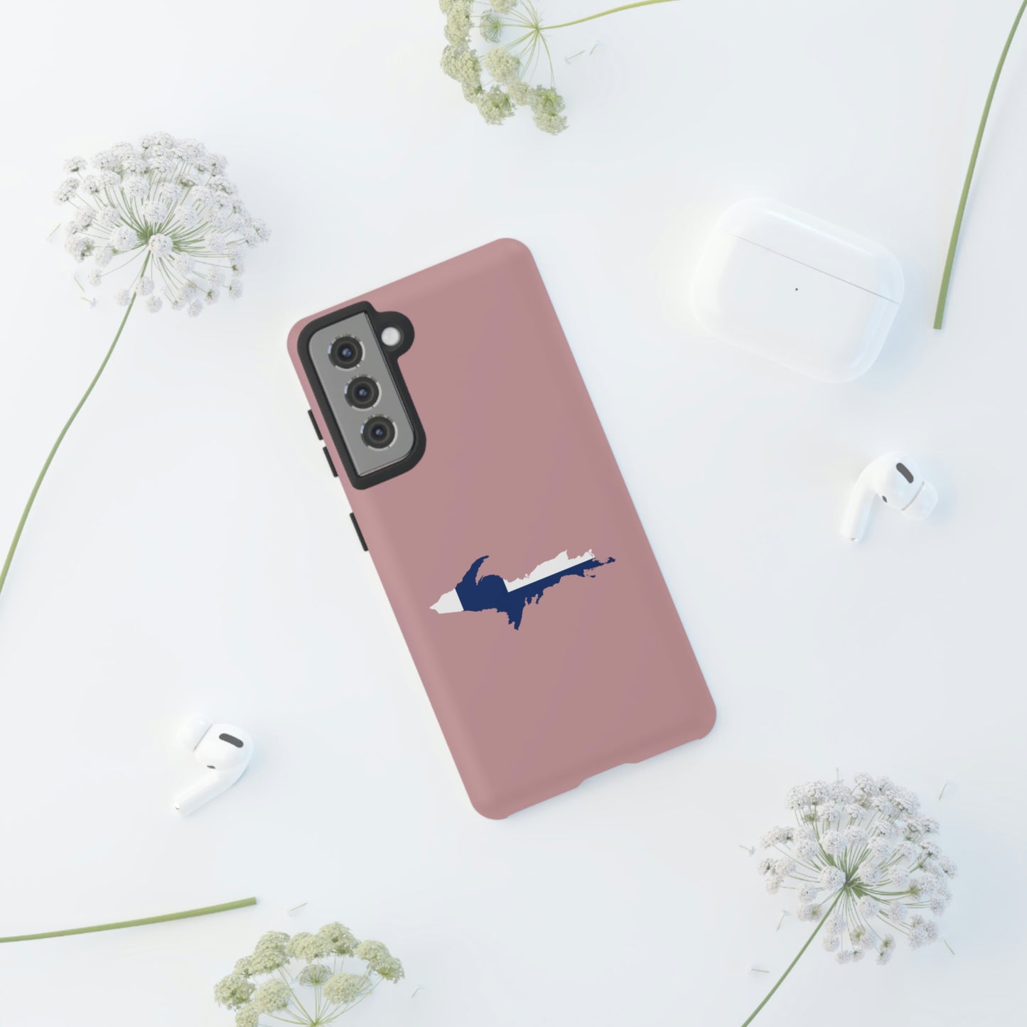 Michigan Upper Peninsula Tough Phone Case (Cherry Blossom Pink w/ UP Finland Flag Outline) | Samsung & Pixel Android