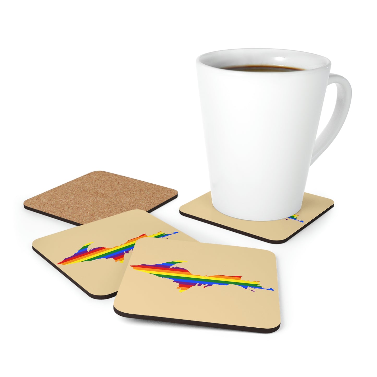 Michigan Upper Peninsula Coaster Set (Maple Color w/ UP Pride Flag Outline) | Corkwood - 4 pack