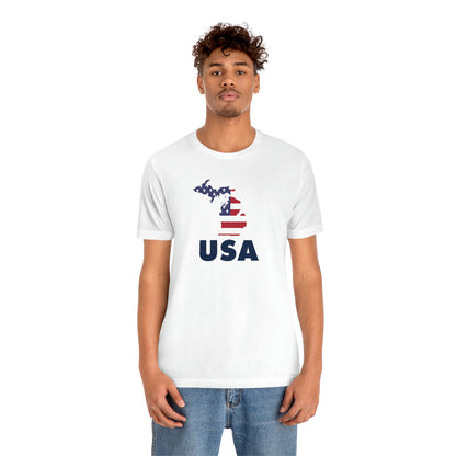 Michigan 'USA' T-Shirt (Geometric Sans Font w/ MI USA Flag Outline) | Unisex Standard Fit