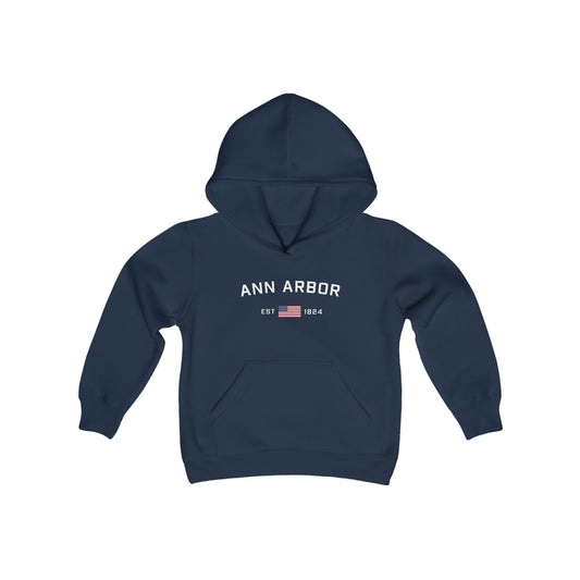 'Ann Arbor EST 1824' Hoodie (w/USA Flag Outline) | Unisex Youth