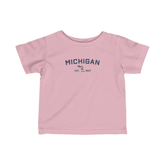 'Michigan EST 1837' T-Shirt (w/ MI USA Flag Outline)|  Infant Short Sleeve