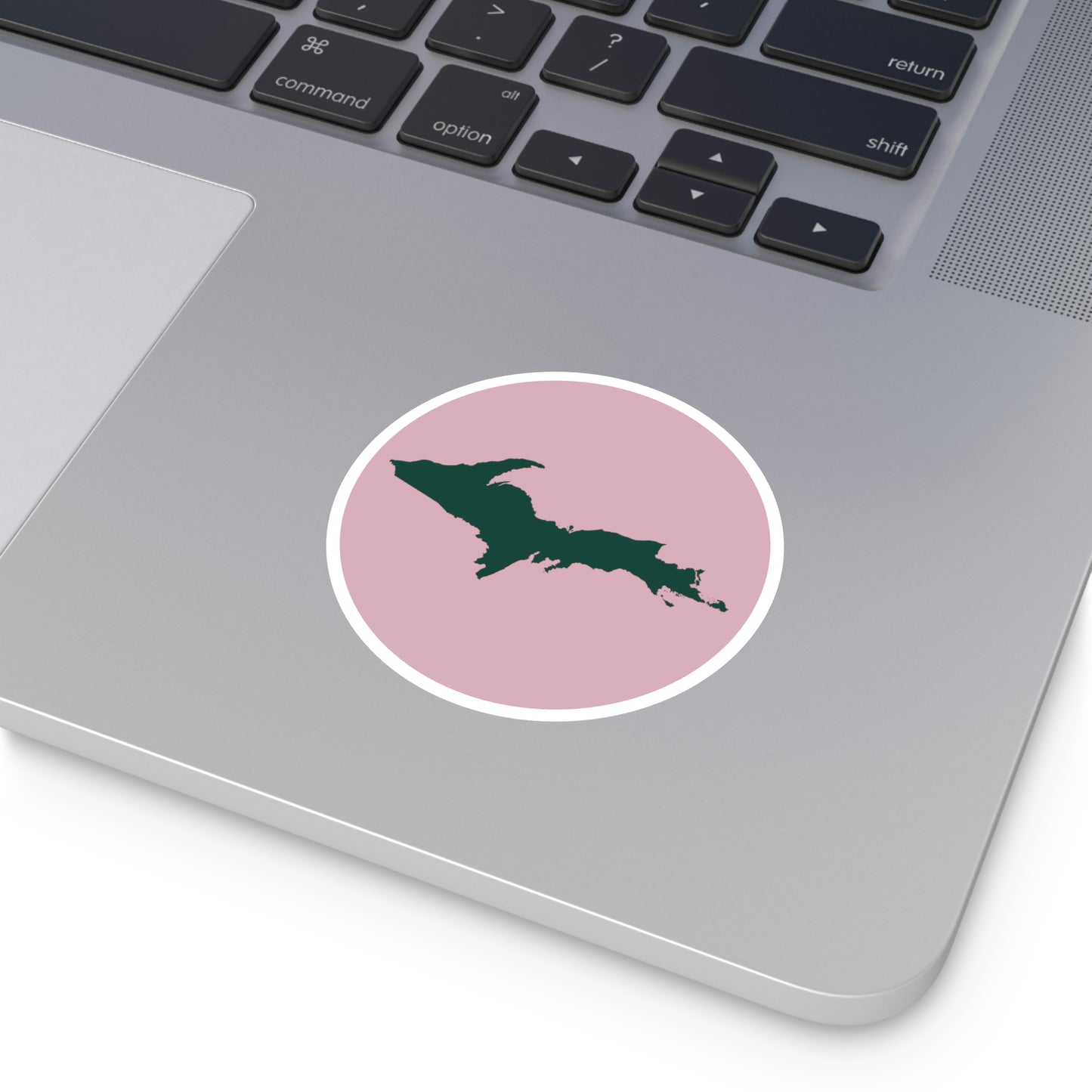 Michigan Upper Peninsula Round Stickers (Pink w/ Green UP Outline) | Indoor\Outdoor