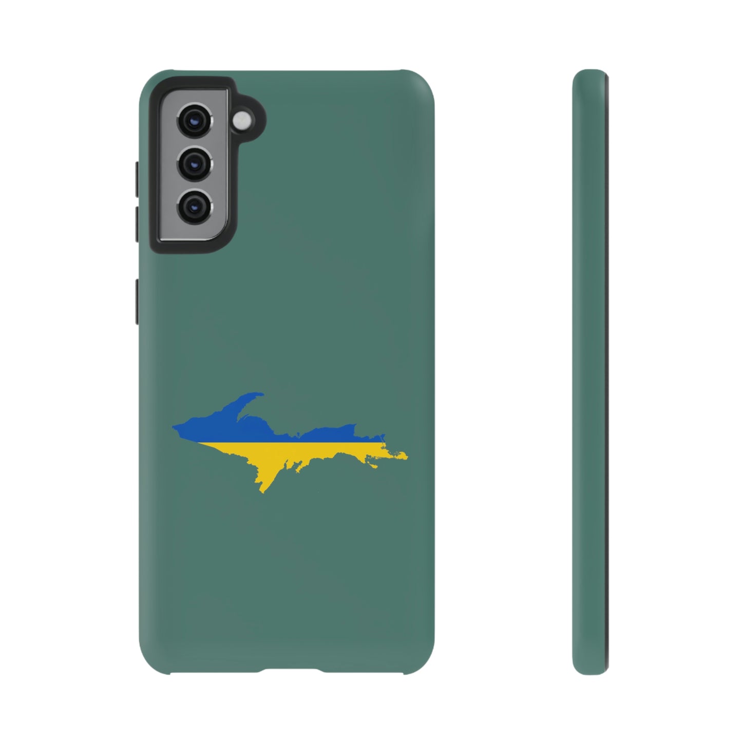 Michigan Upper Peninsula Tough Phone Case (Copper Green w/ UP Ukraine Flag Outline) | Samsung & Pixel Android