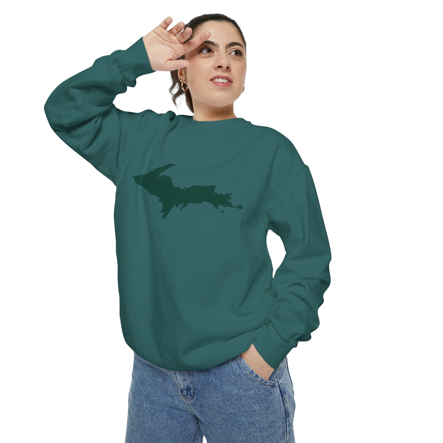 Michigan Upper Peninsula Sweatshirt (w/ Green UP Outline) | Unisex Garment Dyed