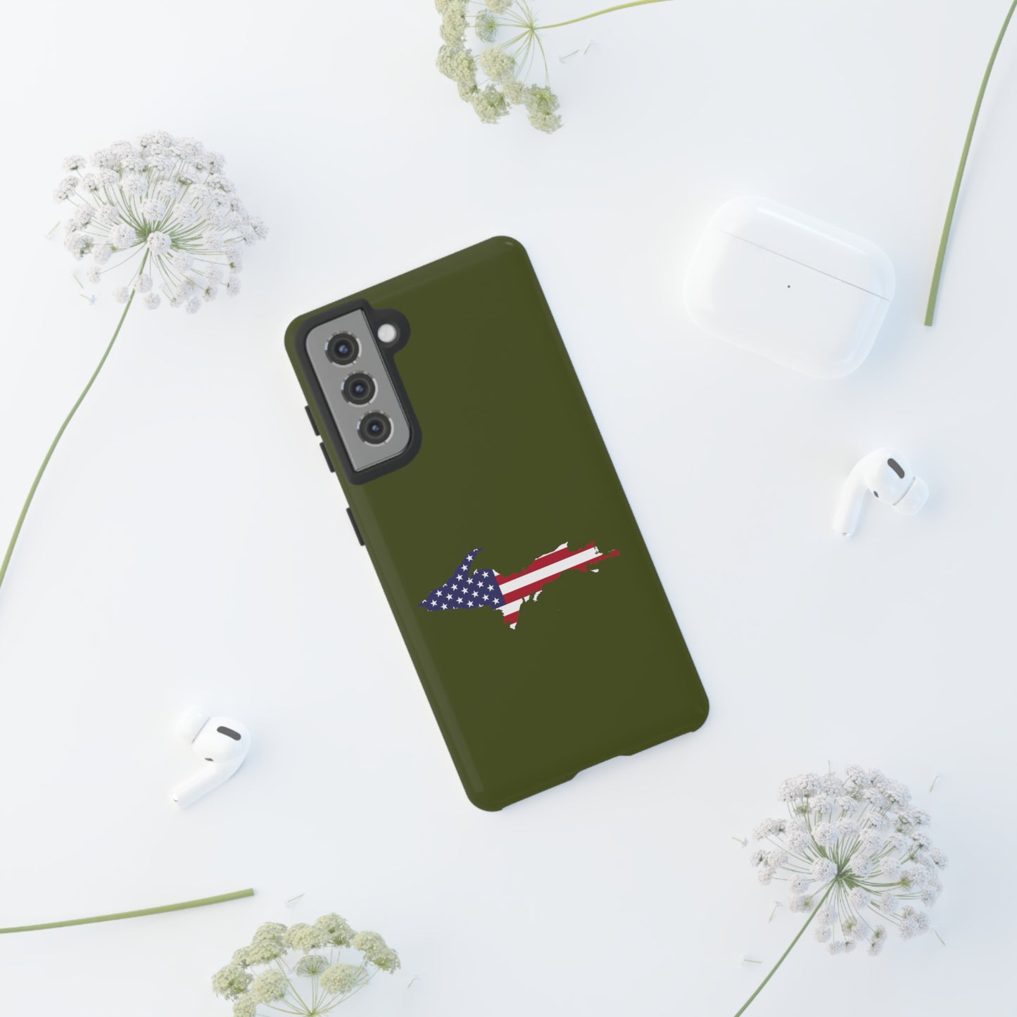 Michigan Upper Peninsula Tough Phone Case (Army Green w/ UP USA Flag Outline) | Samsung & Pixel Android