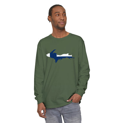 Michigan Upper Peninsula Garment-Dyed T-Shirt (w/ UP Finland Flag Outline) | Unisex Long Sleeve