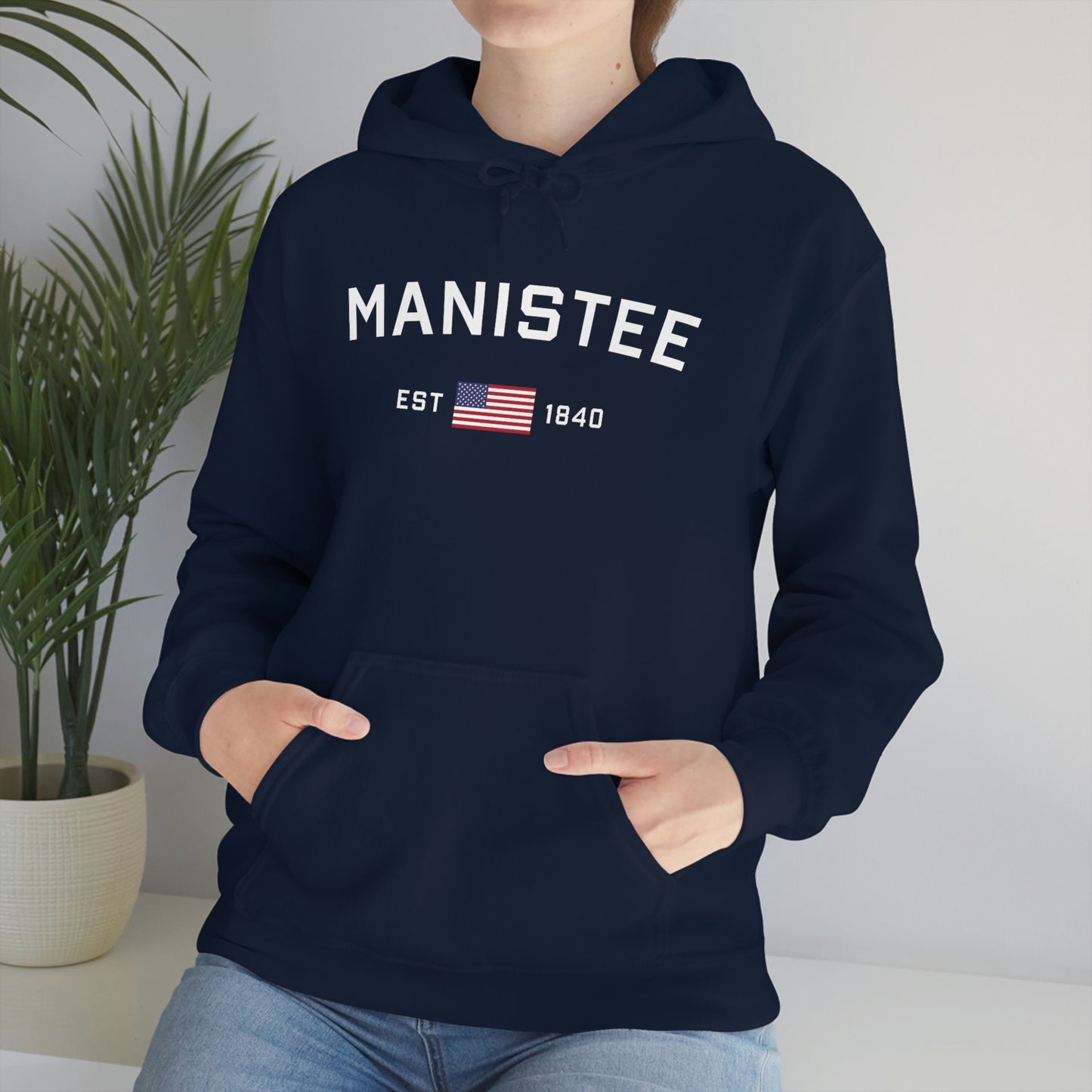 'Manistee EST 1840' Hoodie (w/USA Flag Outline) | Unisex Standard