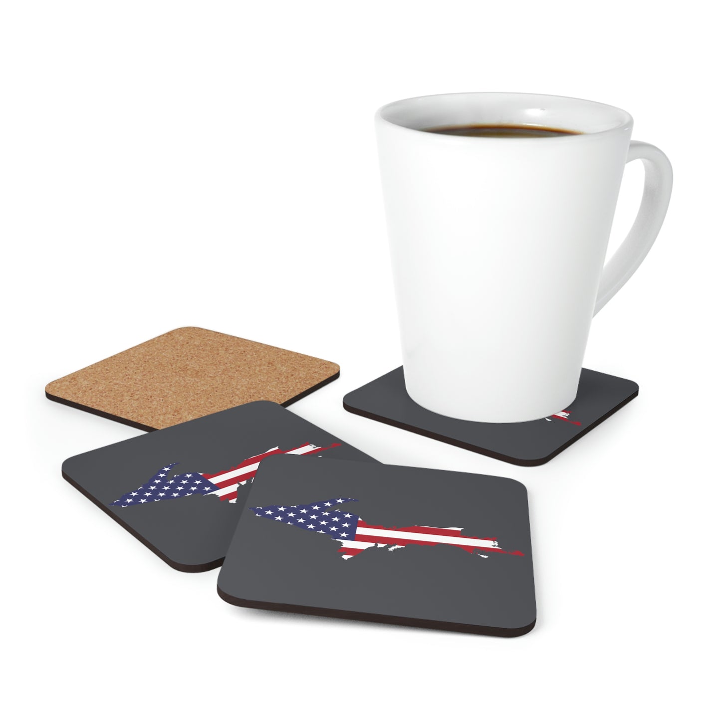 Michigan Upper Peninsula Coaster Set (Iron Ore Grey w/ UP USA Flag Outline) | Corkwood - 4 pack