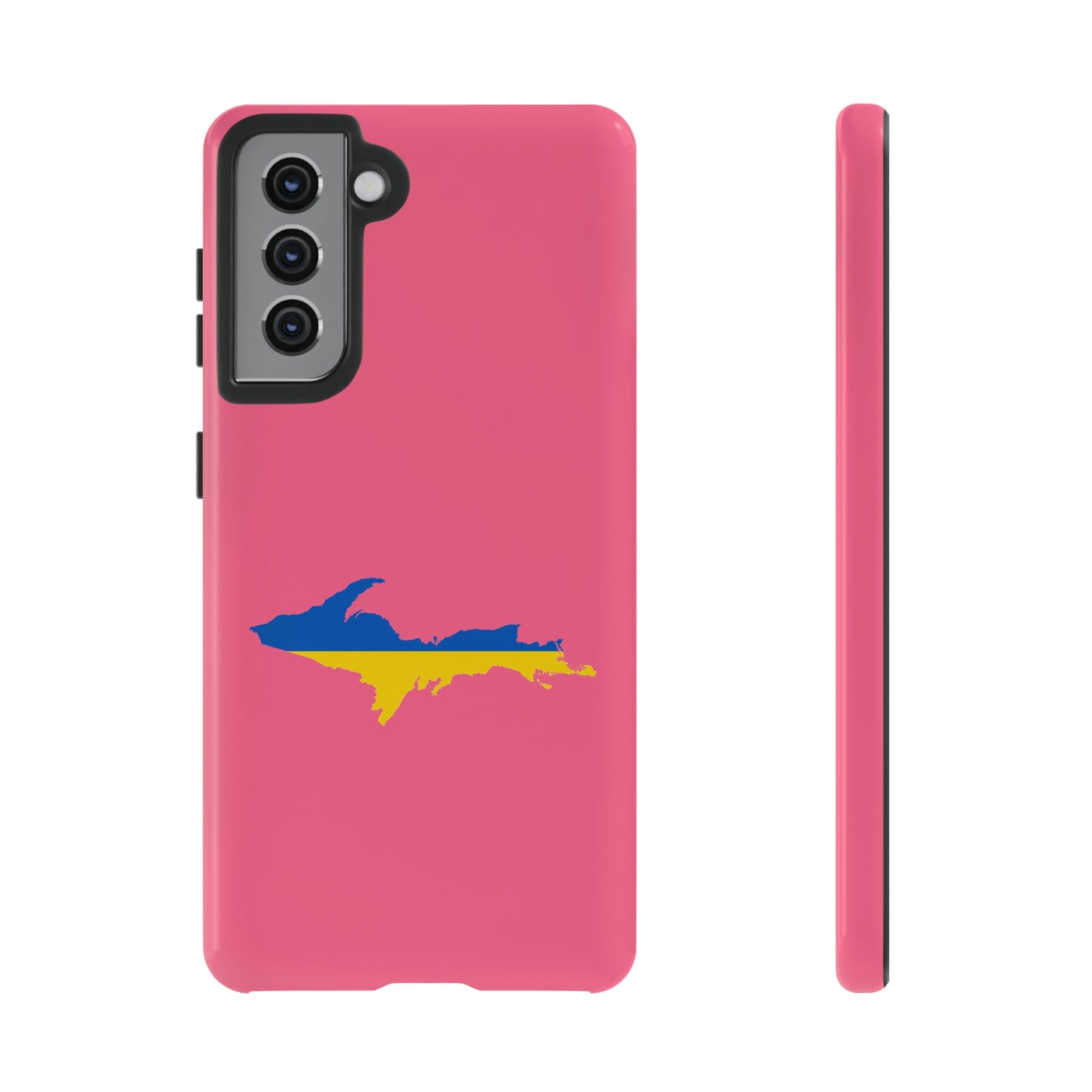 Michigan Upper Peninsula Tough Phone Case (Rhodochrosite Pink w/ UP Ukraine Flag Outline) | Samsung & Pixel Android