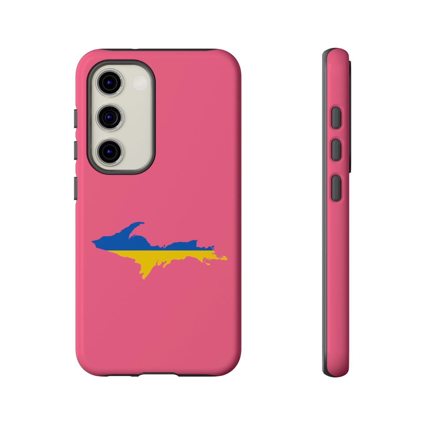 Michigan Upper Peninsula Tough Phone Case (Rhodochrosite Pink w/ UP Ukraine Flag Outline) | Samsung & Pixel Android