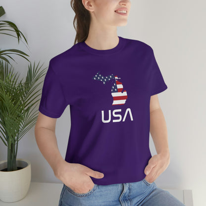 Michigan 'USA' T-Shirt (Space Agency Font w/ MI USA Flag Outline) | Unisex Standard Fit