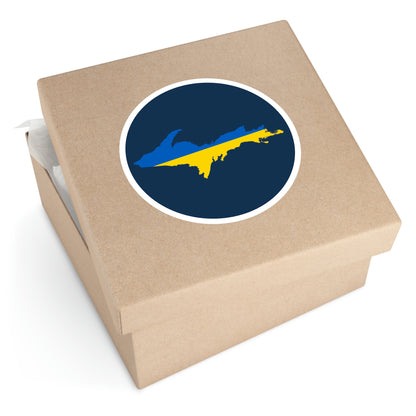 Michigan Upper Peninsula Round Stickers (Navy w/ UP Ukraine Flag Outline) | Indoor\Outdoor