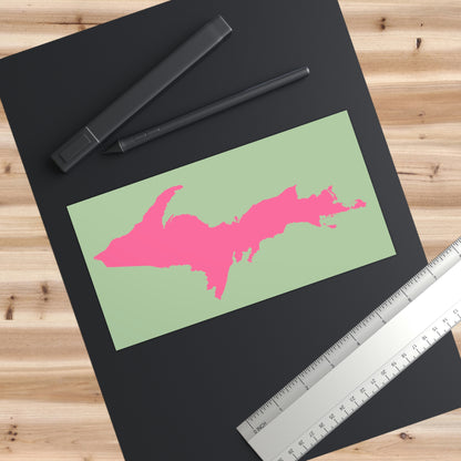 Michigan Upper Peninsula Bumper Sticker (w/ Pink UP Outline) | Green Tea Color Background