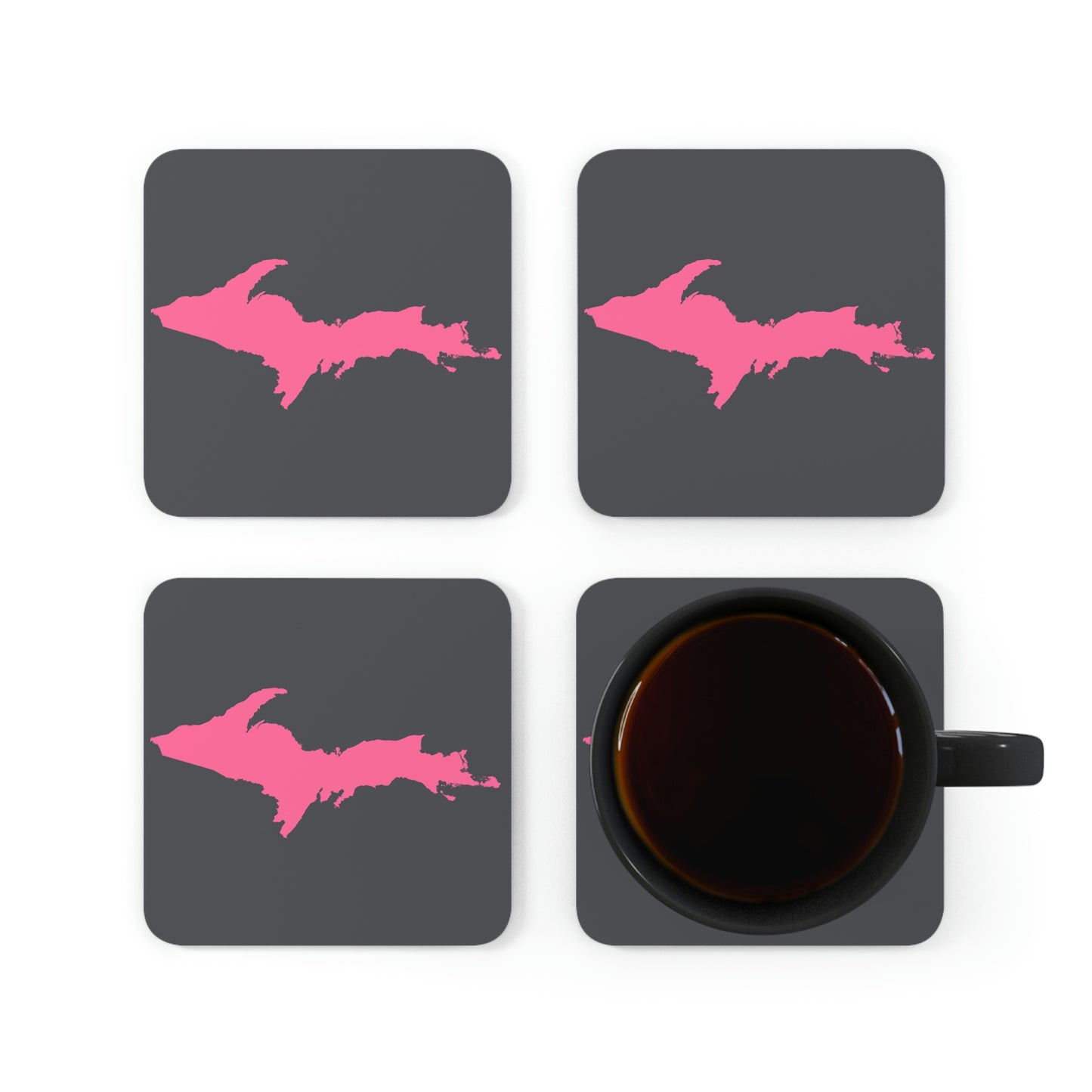 Michigan Upper Peninsula Coaster Set (Iron Ore Grey w/ Pink UP Outline) | Corkwood - 4 pack