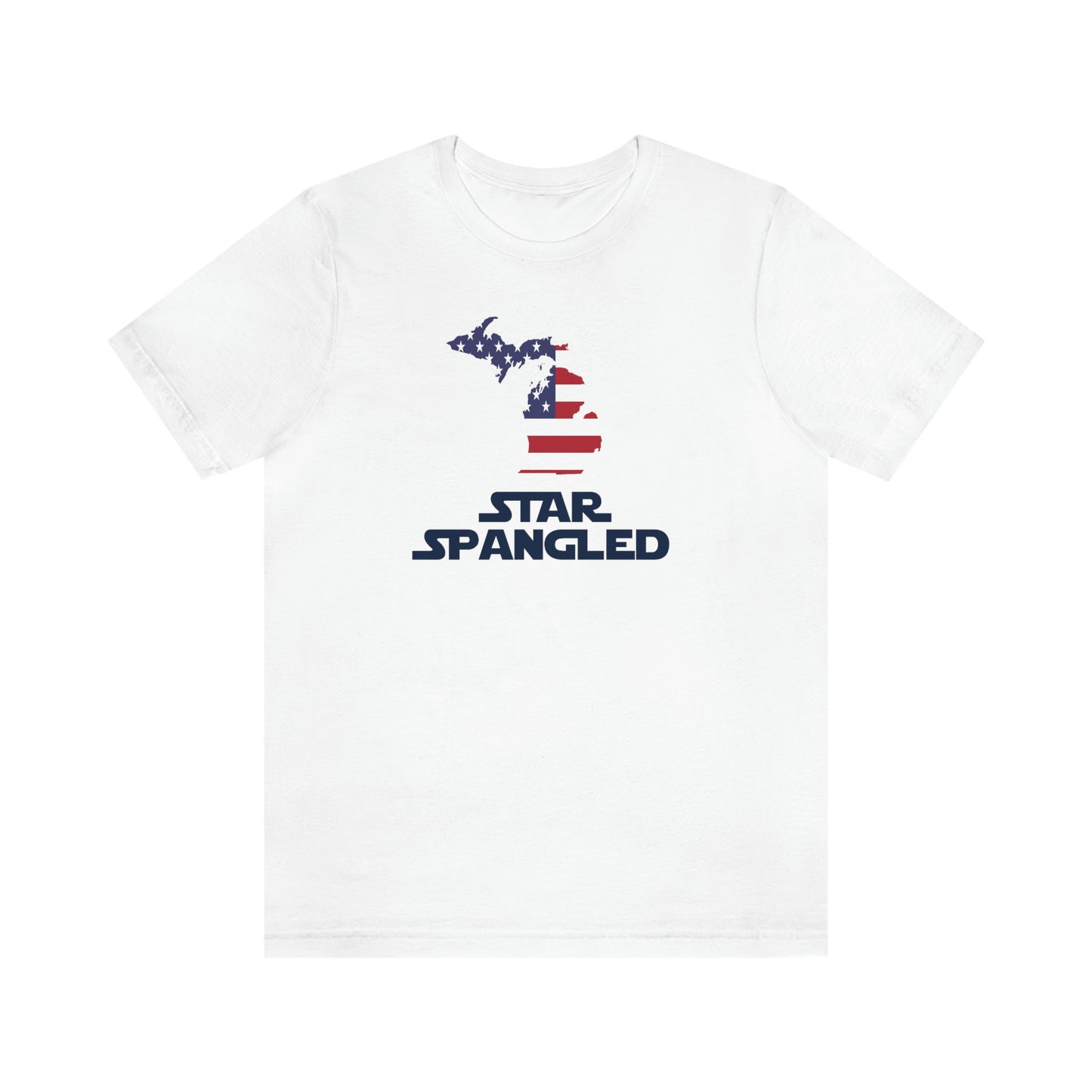 Michigan 'Star Spangled' T-Shirt (Epic Sci Fi Font w/ MI USA Flag Outline) | Unisex Standard Fit