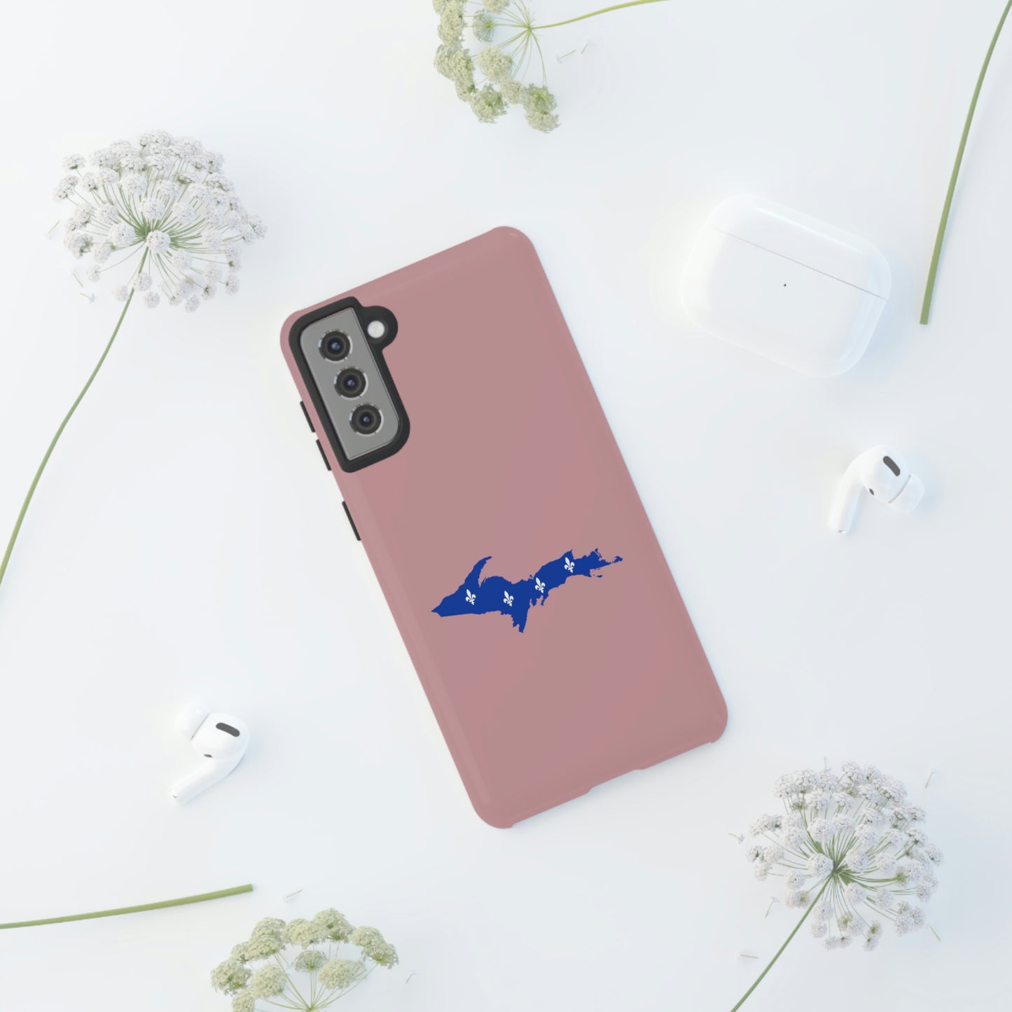 Michigan Upper Peninsula Tough Phone Case (Cherry Blossom Pink w/ UP Quebec Flag Outline) | Samsung & Pixel Android