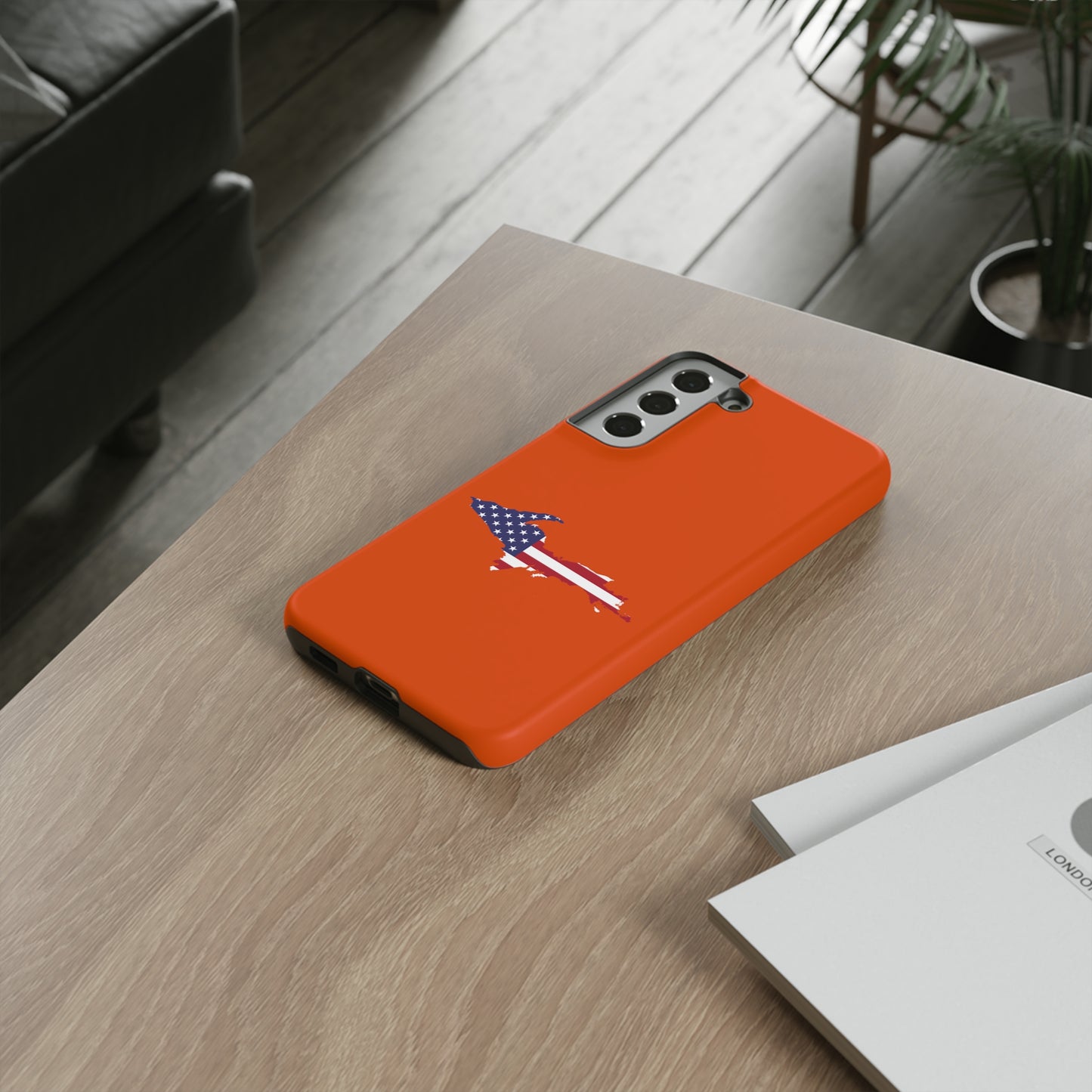 Michigan Upper Peninsula Tough Phone Case (Maple Leaf Orange w/ UP USA Flag Outline) | Samsung & Pixel Android