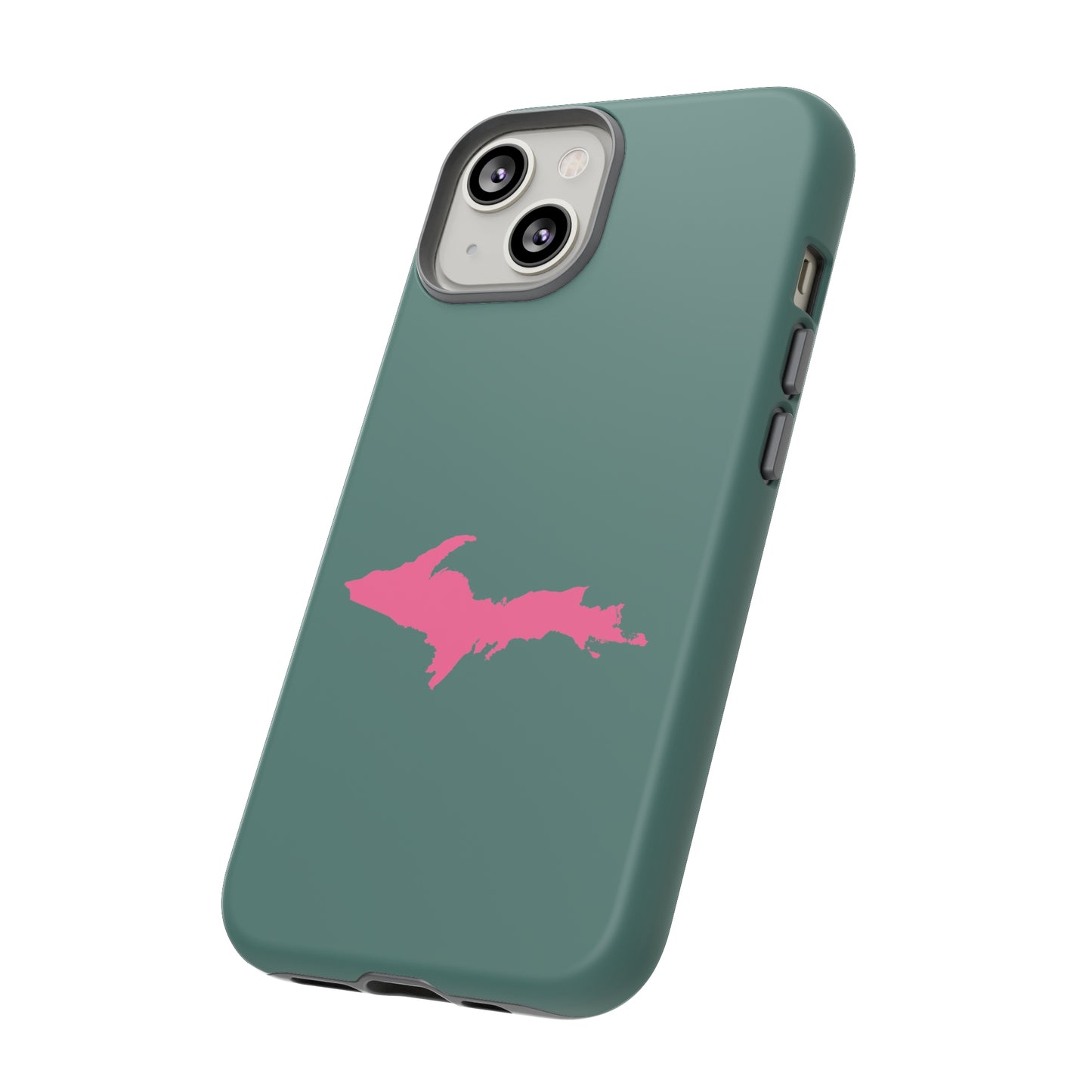 Michigan Upper Peninsula Tough Phone Case (Copper Green w/ Pink UP Outline) | Apple iPhone