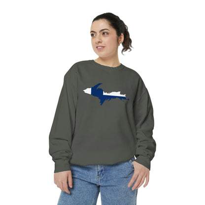 Michigan Upper Peninsula Sweatshirt (w/ UP Finland Flag Outline) | Unisex Garment Dyed