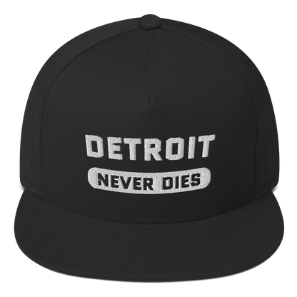 'Detroit Never Dies' Flat-Bill Cap | White/Black Embroidery - Circumspice Michigan