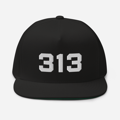 Detroit '313' Flat Bill Cap | White/Black Embroidery - Circumspice Michigan