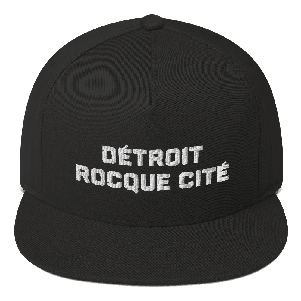 'Détroit Rocque Cité' Flat Bill Cap (Athletic Font) | White/Black Embroidery - Circumspice Michigan