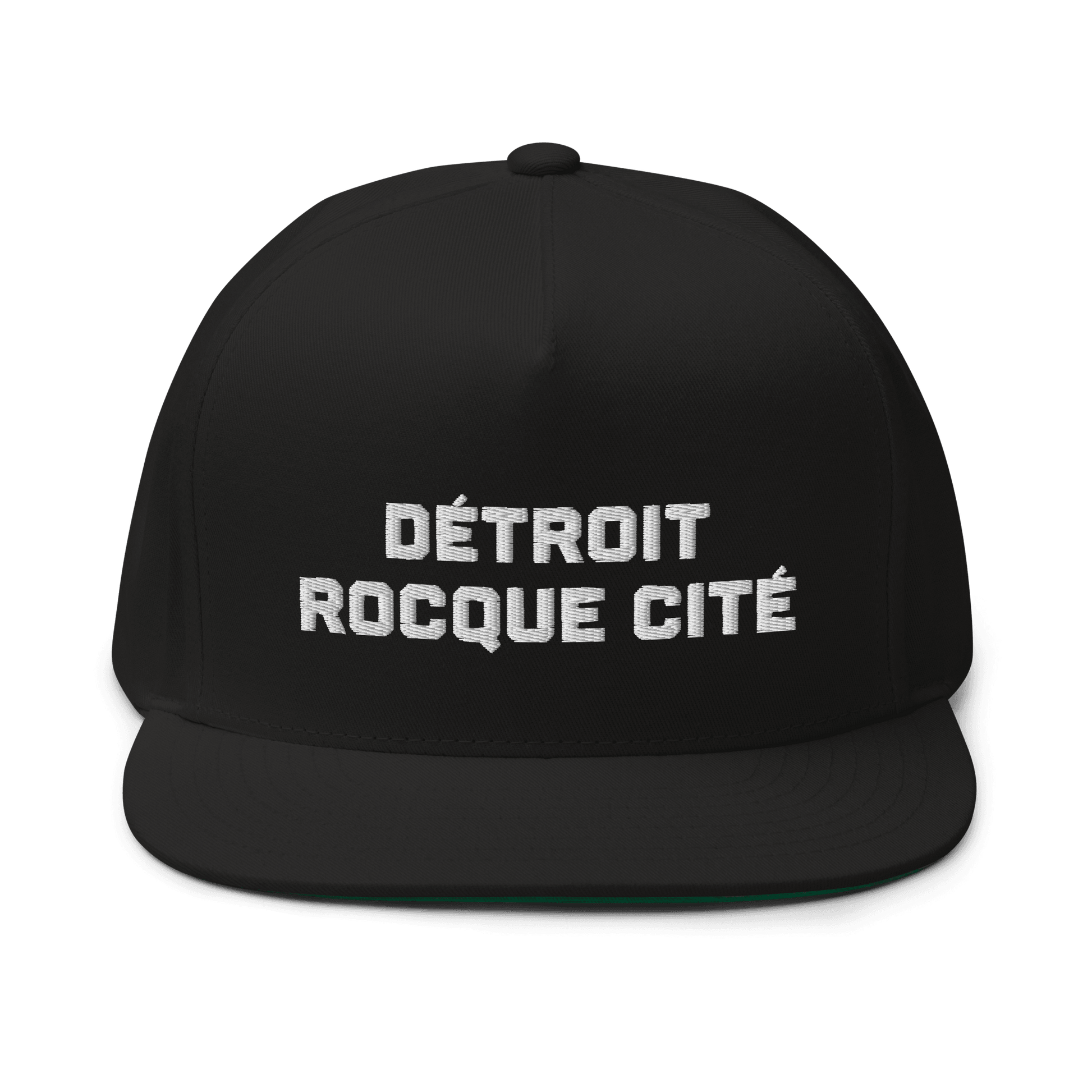 'Détroit Rocque Cité' Flat Bill Cap (Athletic Font) | White/Black Embroidery - Circumspice Michigan