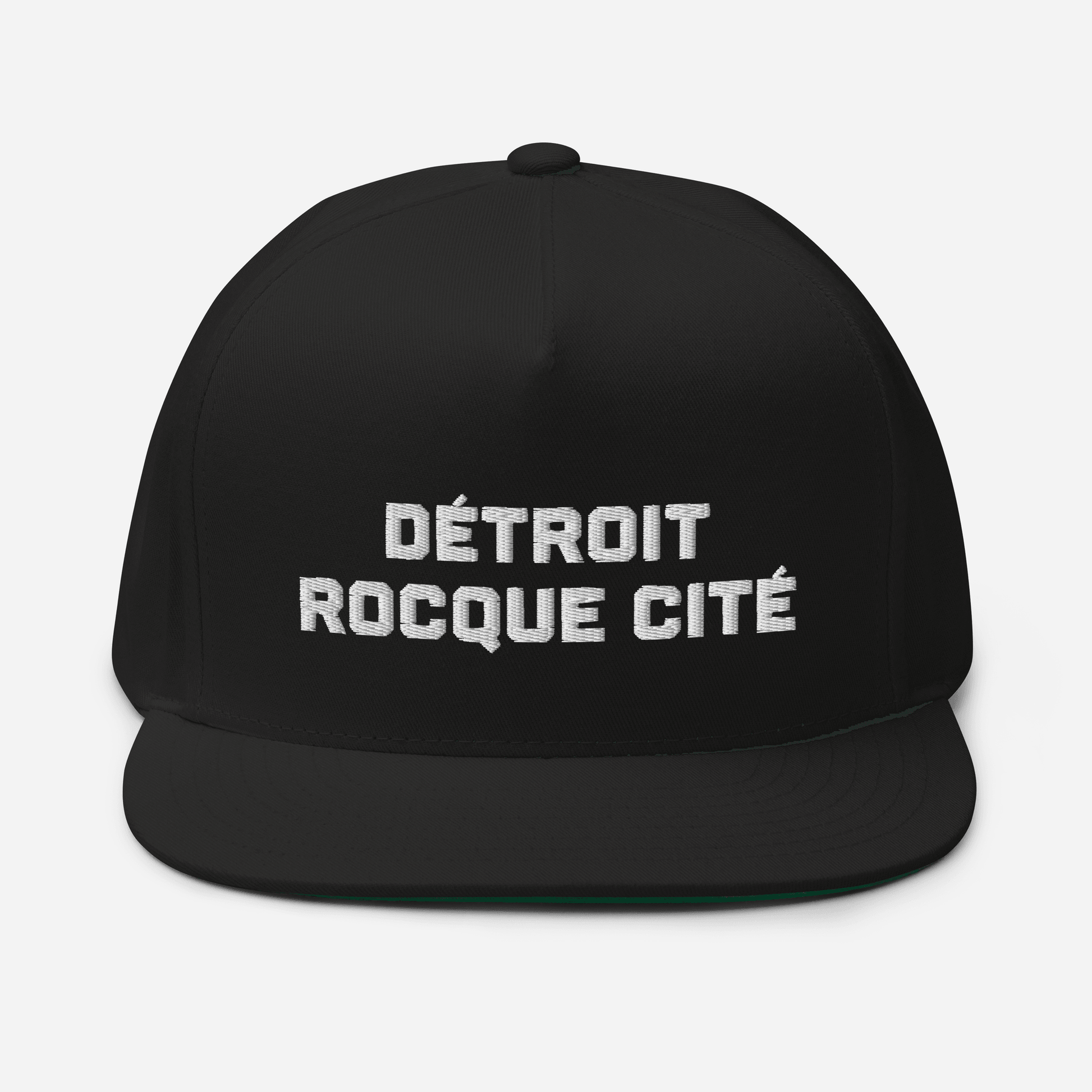 'Détroit Rocque Cité' Flat Bill Cap (Athletic Font) | White/Black Embroidery - Circumspice Michigan