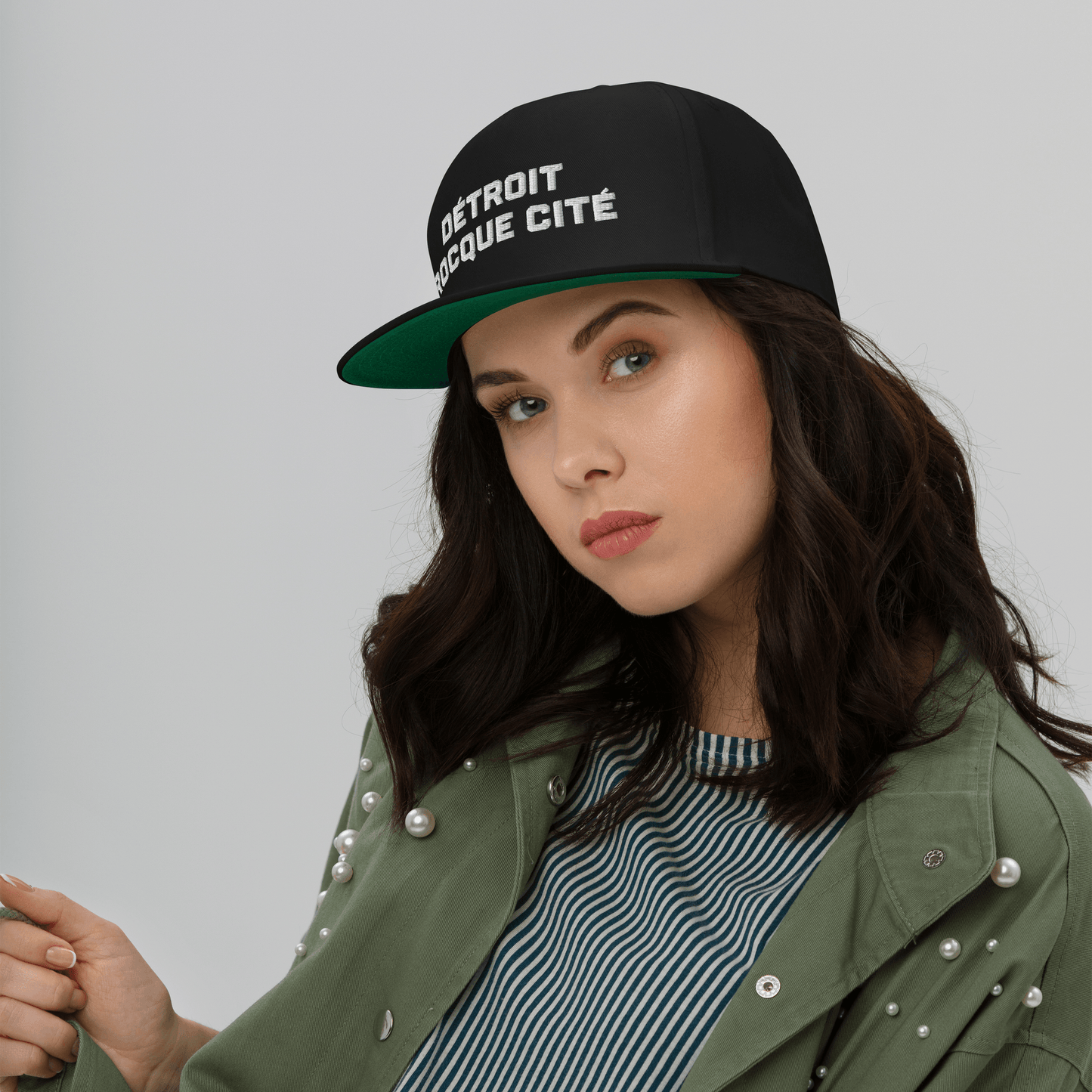 'Détroit Rocque Cité' Flat Bill Cap (Athletic Font) | White/Black Embroidery - Circumspice Michigan