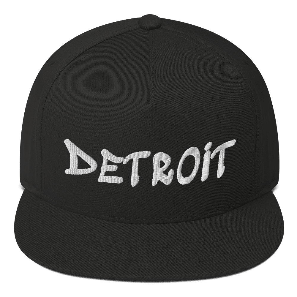 'Detroit' Flat Bill (1980's Hip Hop Font) | White/Black Embroidery - Circumspice Michigan