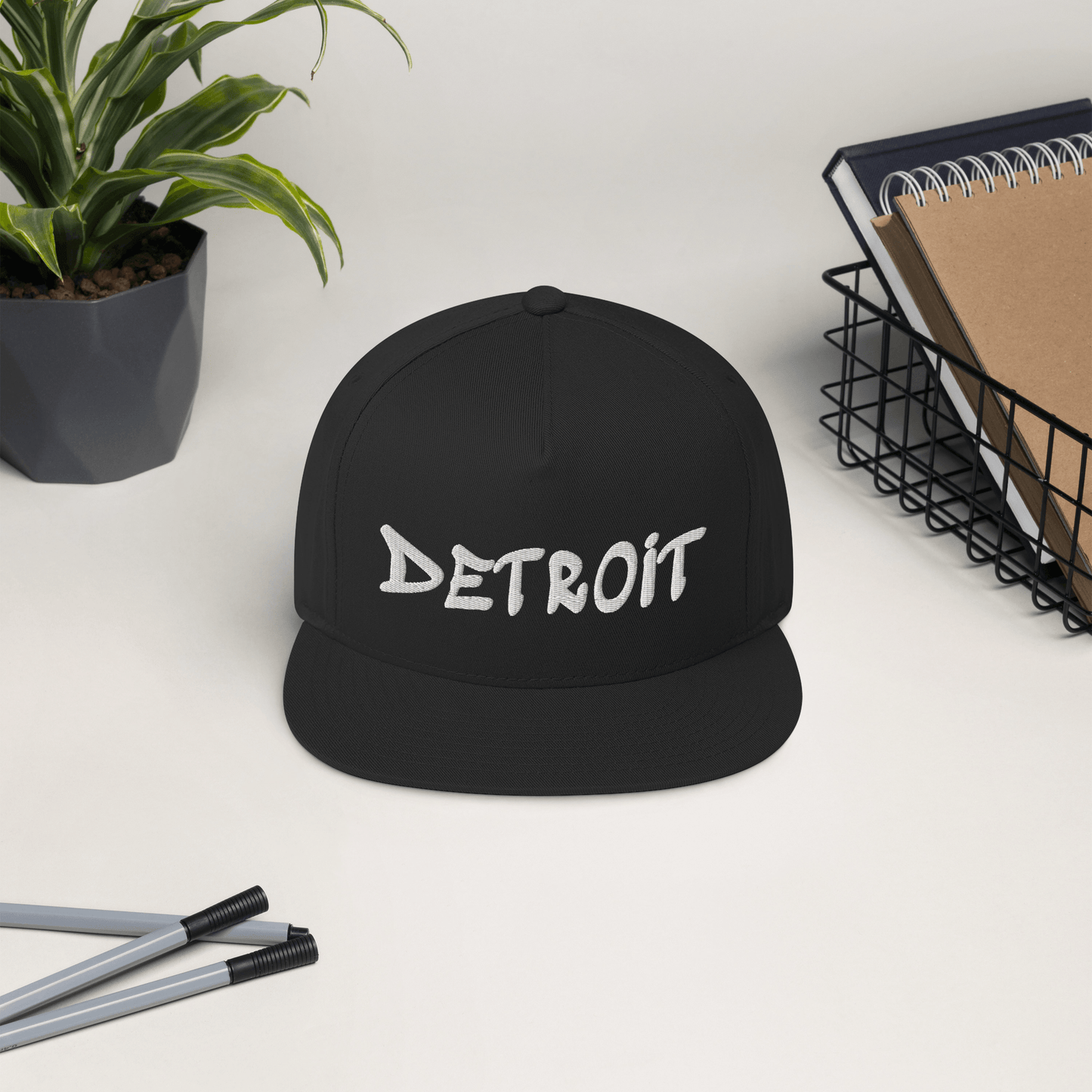 'Detroit' Flat Bill (1980's Hip Hop Font) | White/Black Embroidery - Circumspice Michigan