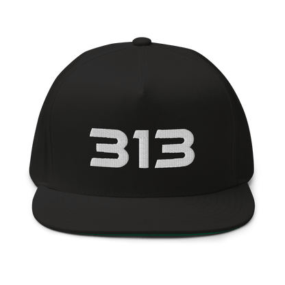 Detroit '313' Flat Bill Cap (Futuristic Sans Font) | White/Black Embroidery - Circumspice Michigan