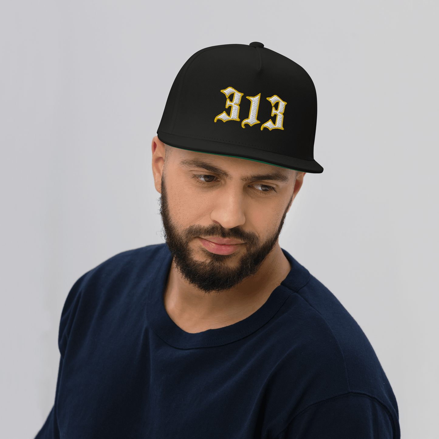 Detroit '313' Flat Bill Cap (Old English Font) | White/Gold Embroidery - Circumspice Michigan