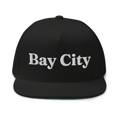 'Bay City' Flat Bill Snapback | Black/White Embroidery