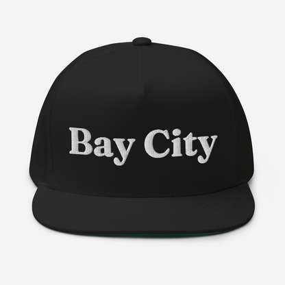 'Bay City' Flat Bill Snapback | Black/White Embroidery