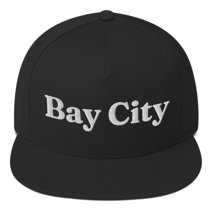 'Bay City' Flat Bill Snapback | Black/White Embroidery