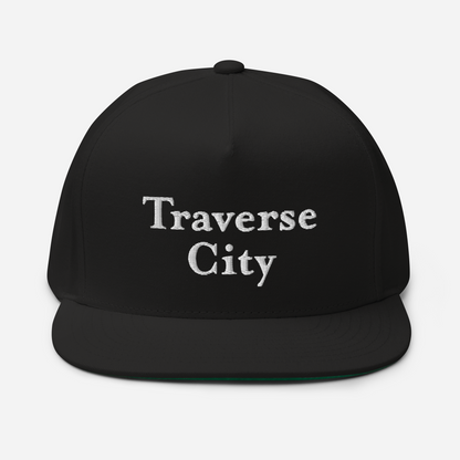 'Traverse City' Flat Bill Snapback | White/Black Embroidery