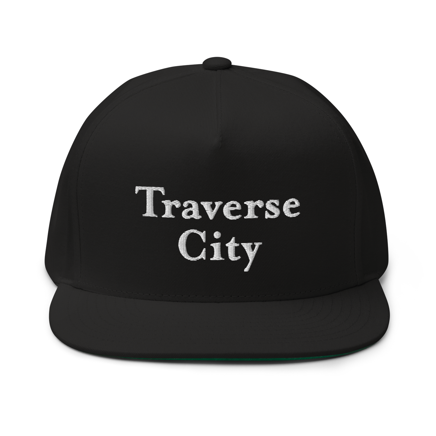 'Traverse City' Flat Bill Snapback | White/Black Embroidery