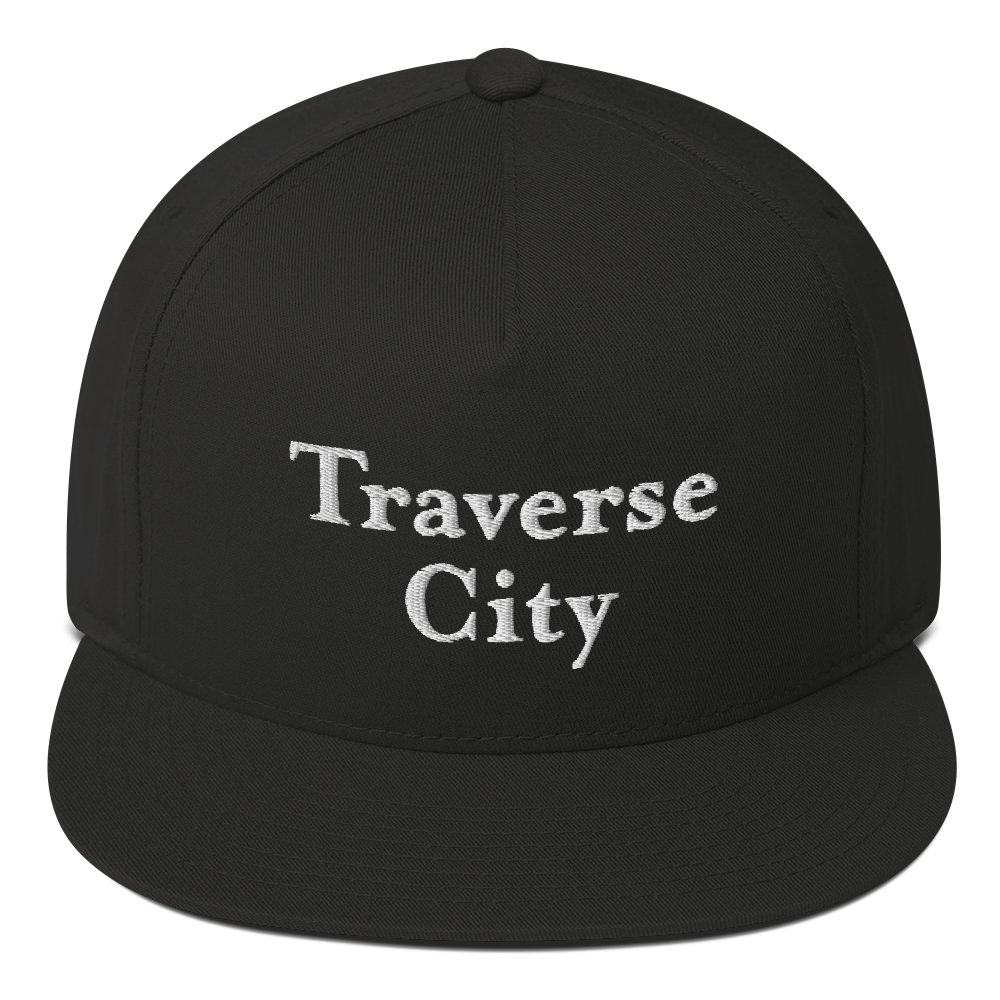 'Traverse City' Flat Bill Snapback | White/Black Embroidery