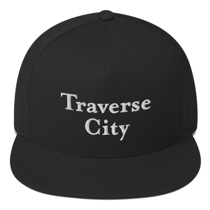 'Traverse City' Flat Bill Snapback | White/Black Embroidery