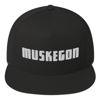 'Muskegon' Flat Bill Snapback | White/Black Embroidery