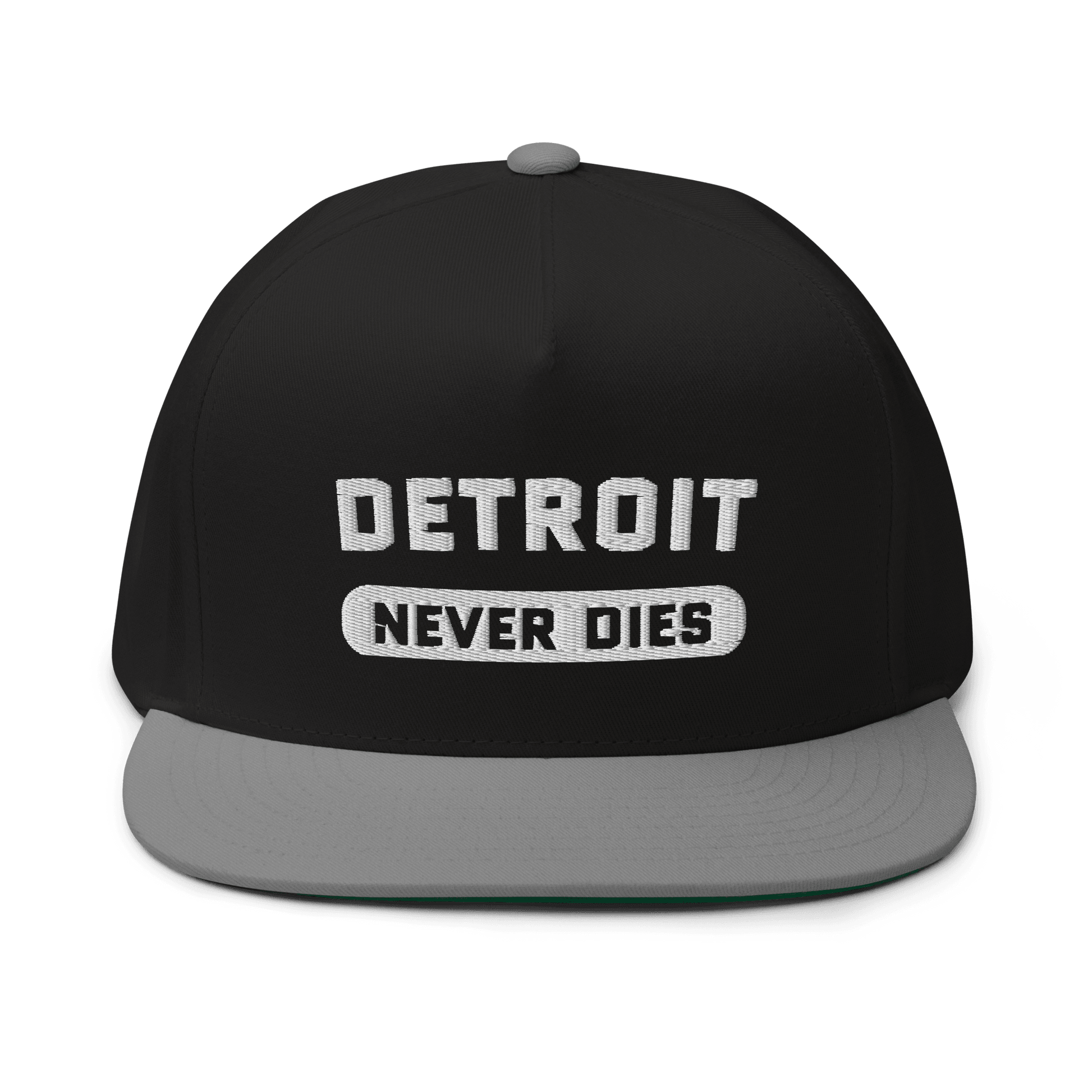 'Detroit Never Dies' Flat-Bill Cap | White/Black Embroidery - Circumspice Michigan