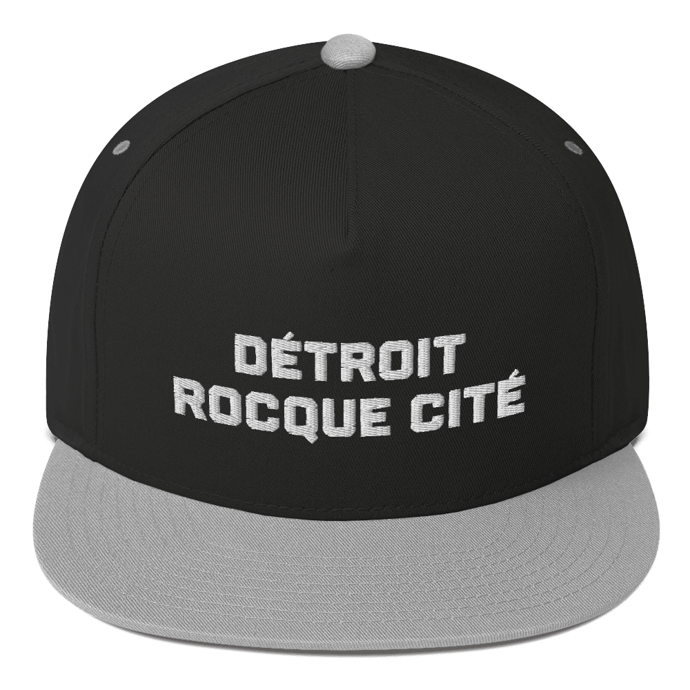 'Détroit Rocque Cité' Flat Bill Cap (Athletic Font) | White/Black Embroidery - Circumspice Michigan