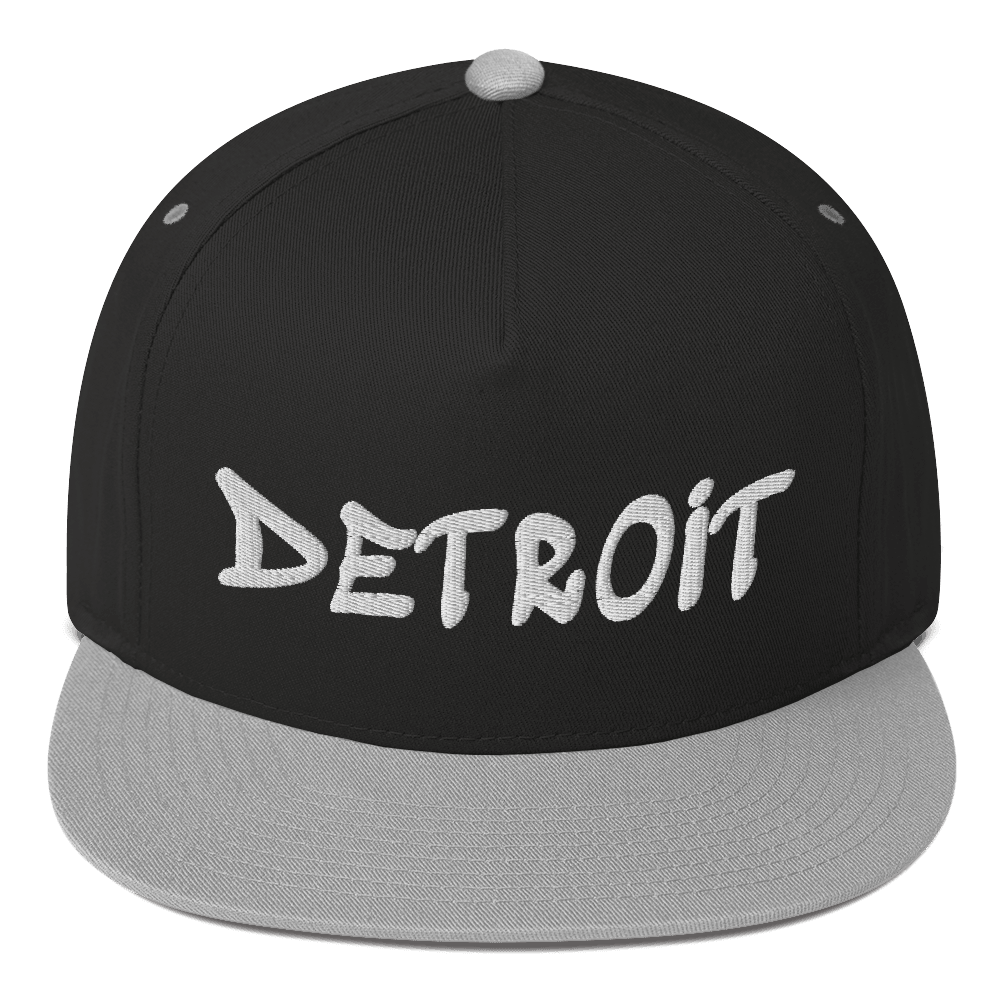 'Detroit' Flat Bill (1980's Hip Hop Font) | White/Black Embroidery - Circumspice Michigan