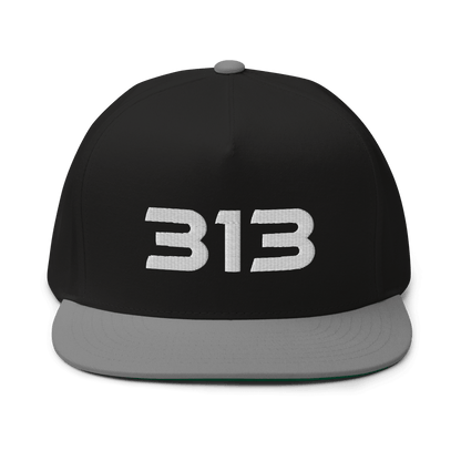 Detroit '313' Flat Bill Cap (Futuristic Sans Font) | White/Black Embroidery - Circumspice Michigan