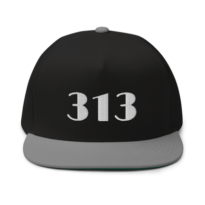 Detroit '313' Flat Bill Cap (Art Deco Font) | White/Black Embroidery - Circumspice Michigan