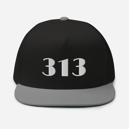 Detroit '313' Flat Bill Cap (Art Deco Font) | White/Black Embroidery - Circumspice Michigan