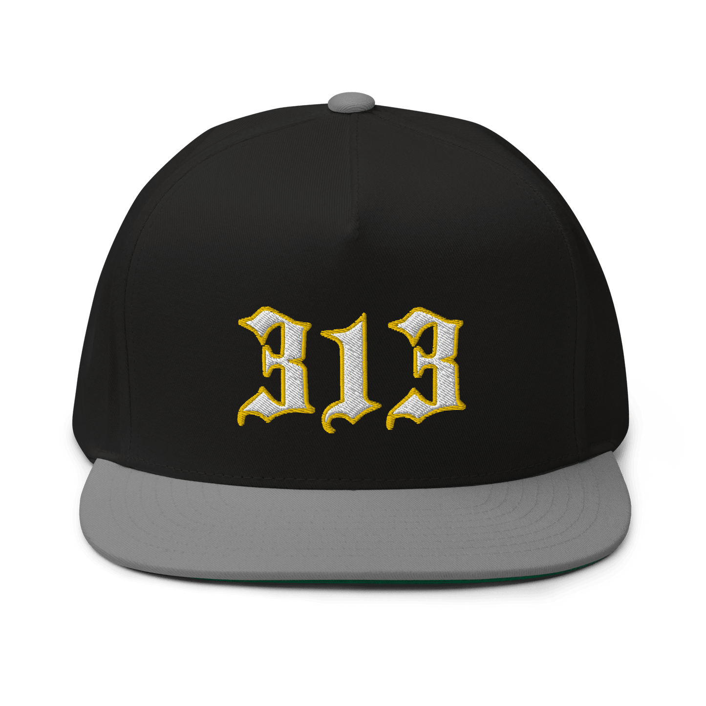 Detroit '313' Flat Bill Cap (Old English Font) | White/Gold Embroidery - Circumspice Michigan