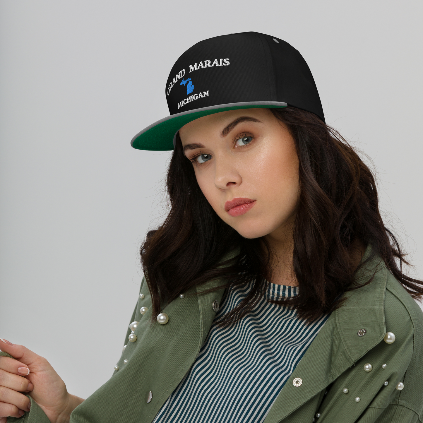 'Grand Marais Michigan' Flat Bill Snapback (w/ Michigan Outline)